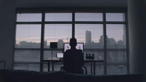 a man is sitting at a computer in his home