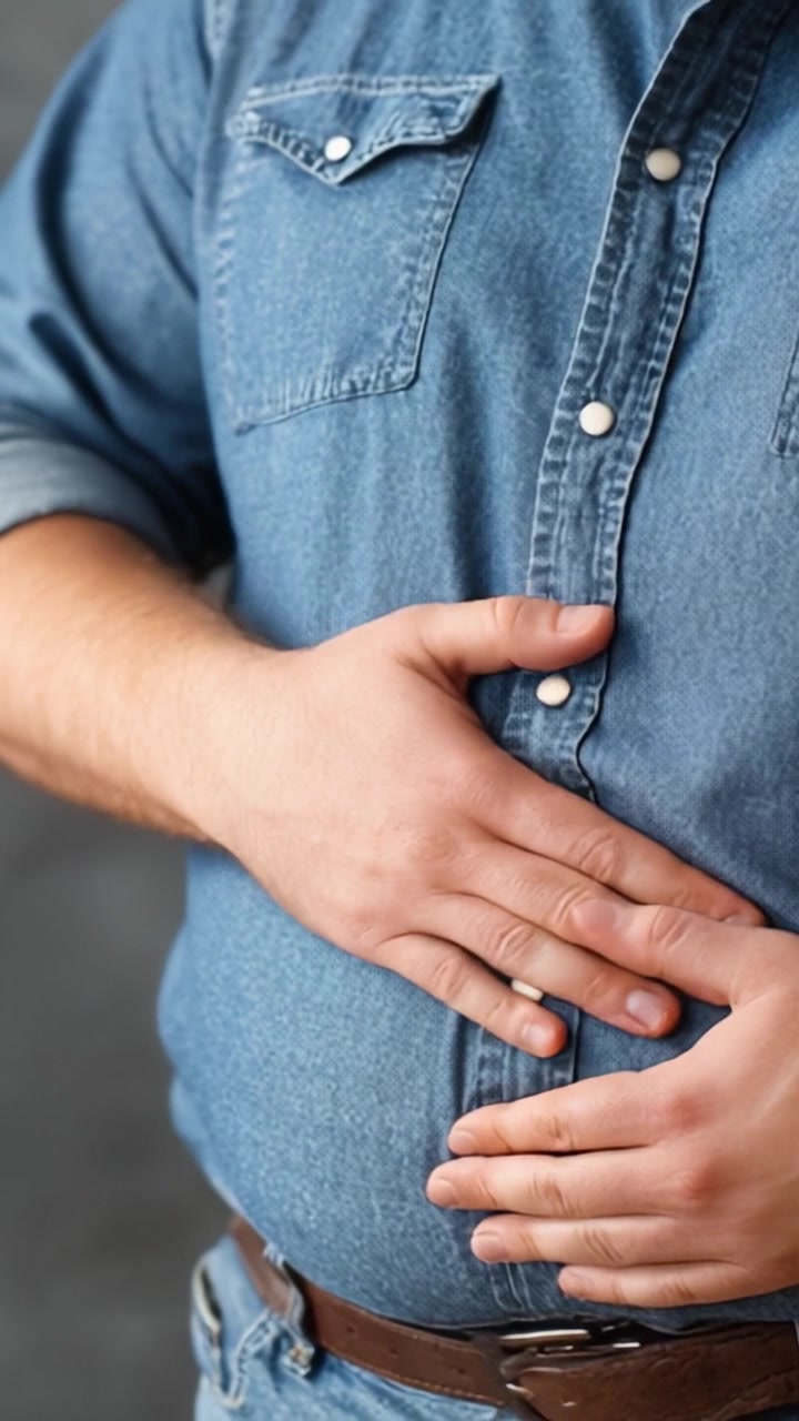 A Close-Up Perspective on a Person's Hands Gently Resting on Their Abdomen, Conveying a Moment of Reflection or Discomfort in a Casual Denim Outfit