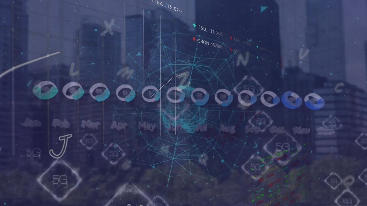 Animation of data processing over cityscape and shapes