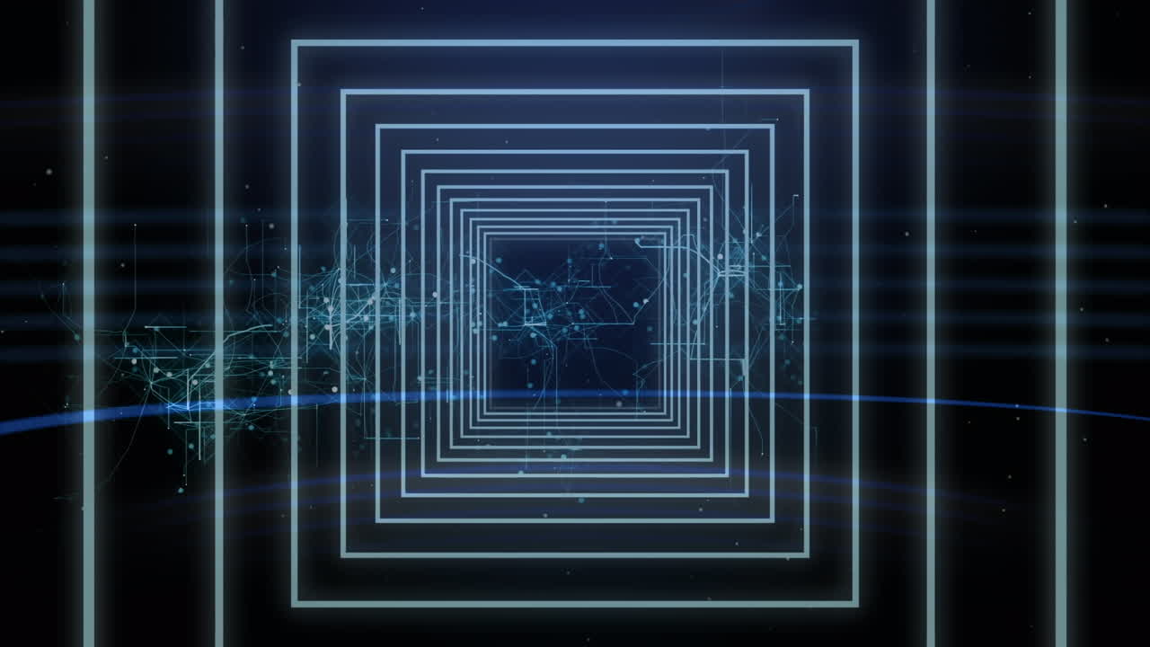 анимация сети соединений и цифрового туннеля на черном фоне