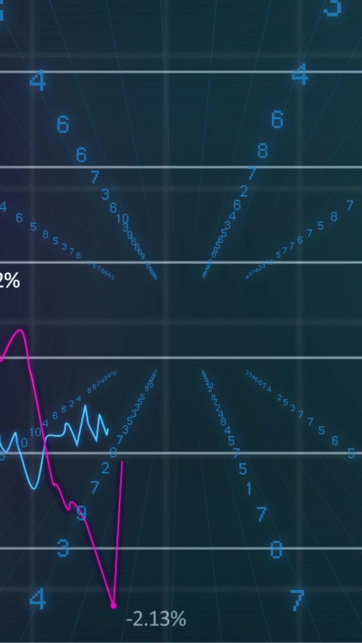 Animation of statistical data processing and binary coding against blue background