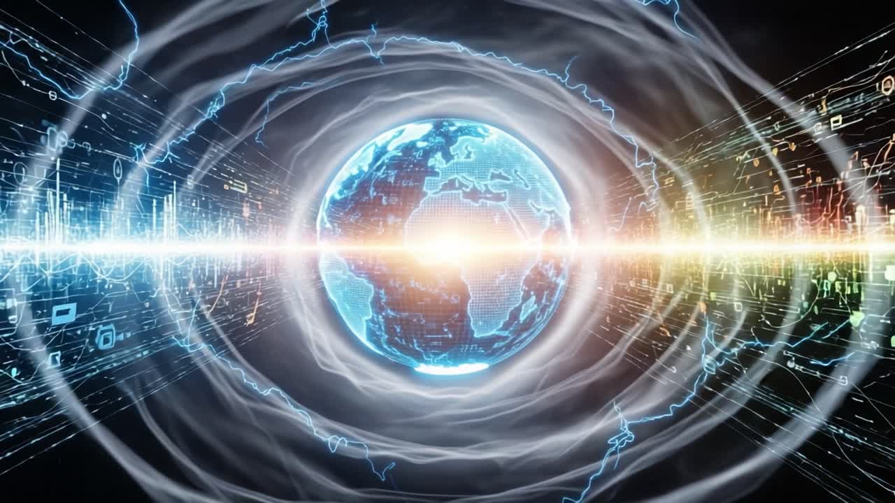 A Stunning Visualization of Earth Surrounded by Dynamic Energy Waves, Illustrating the Interplay Between Technology and Nature in a Striking Digital Atmosphere
