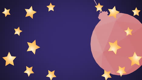 animation of stars and christmas bauble over dark blue background