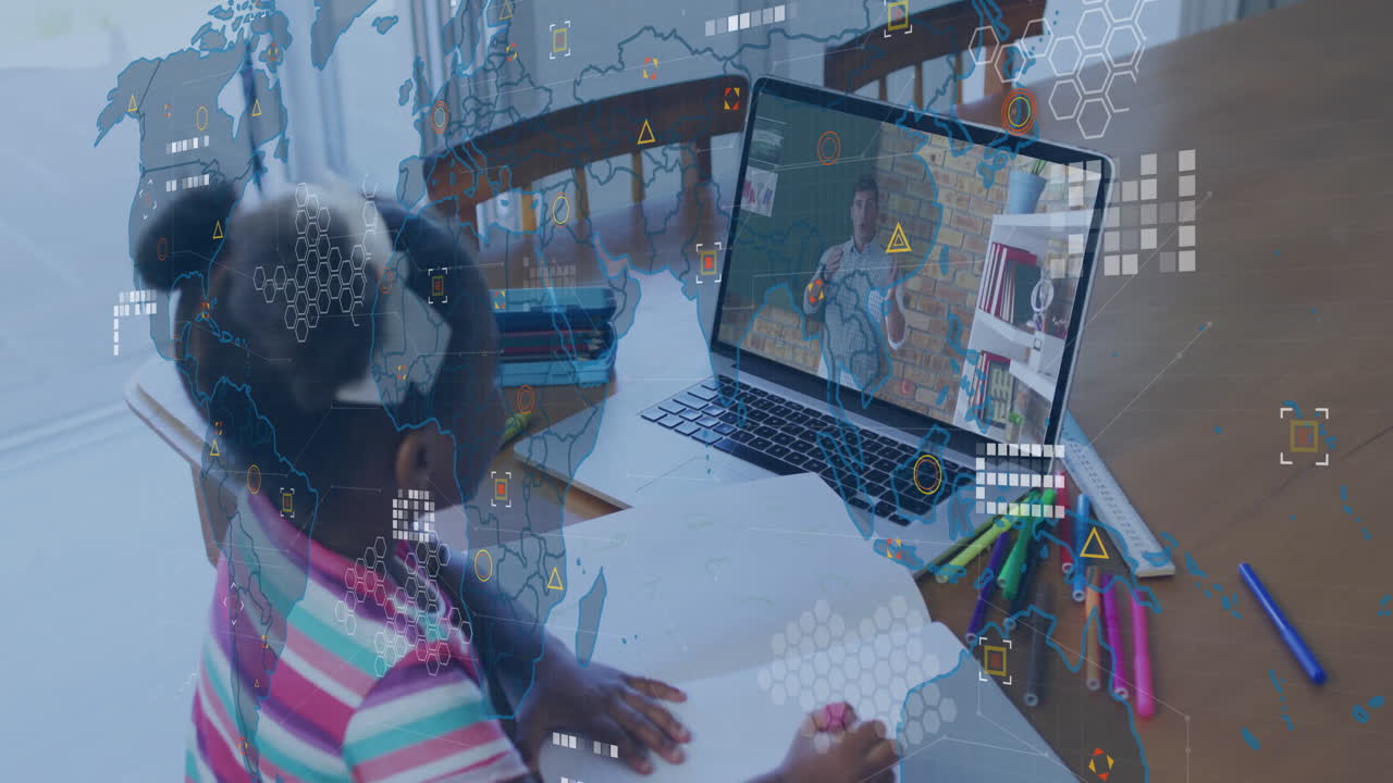 Child learning online with digital data processing animation over laptop screen