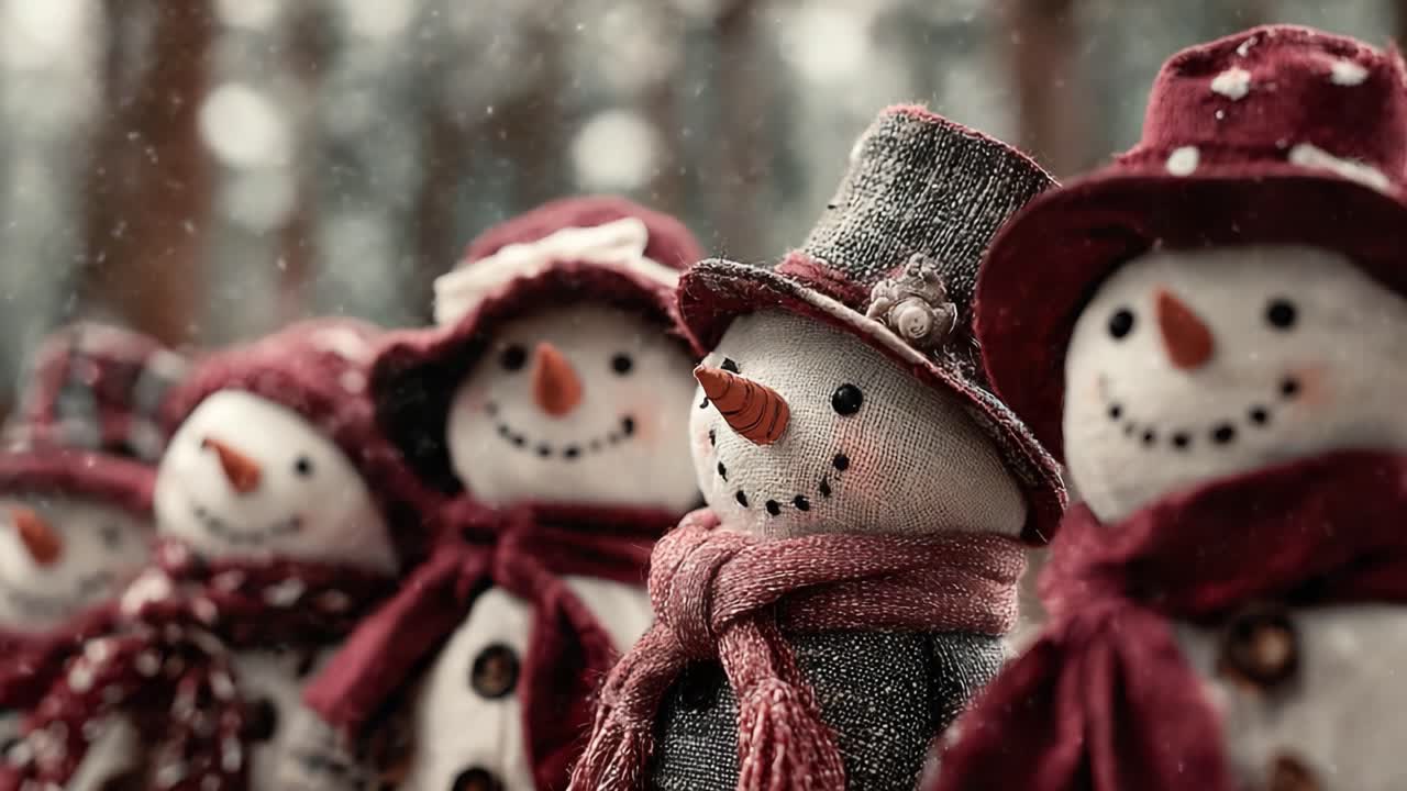 Charming Collection of Handcrafted Snowmen Decoratively Displayed Amidst a Gentle Snowfall, Captivating Winter Wonderland Spirit