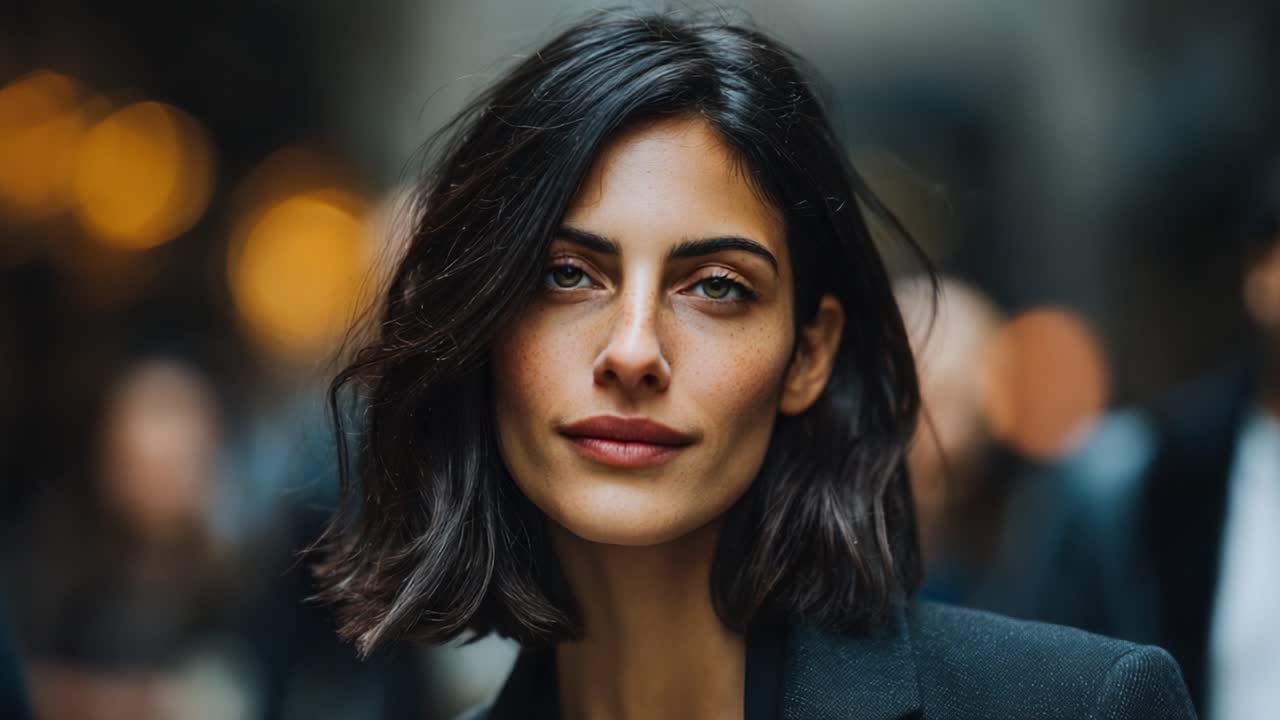 Donna Sicura di Sé in Contesto Urbano, Sguardo Ipnotico e Bellezza Naturale su Sfondo Cittadino Sfocato.