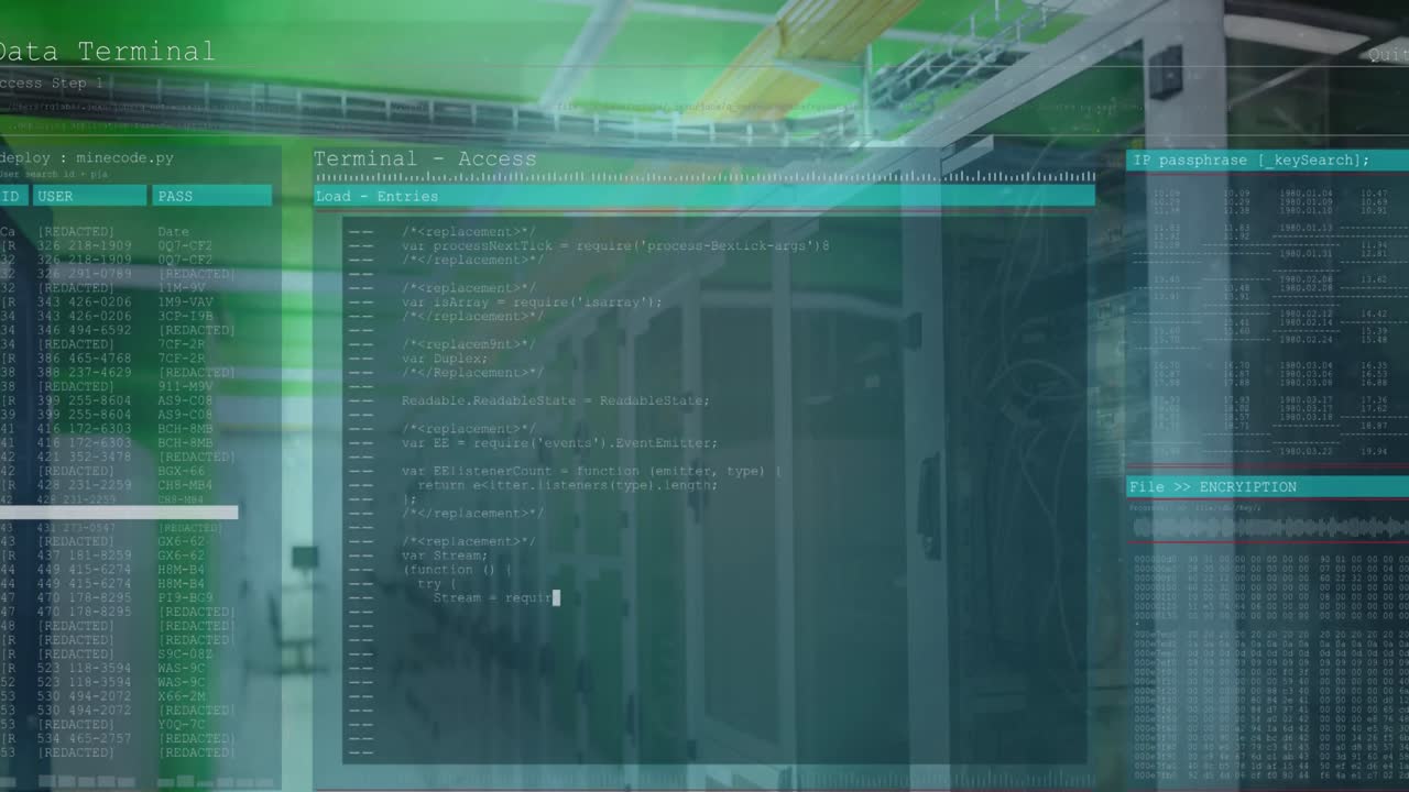 animación de la interfaz con procesamiento de datos y puntos de luz contra la sala de servidores de computadoras