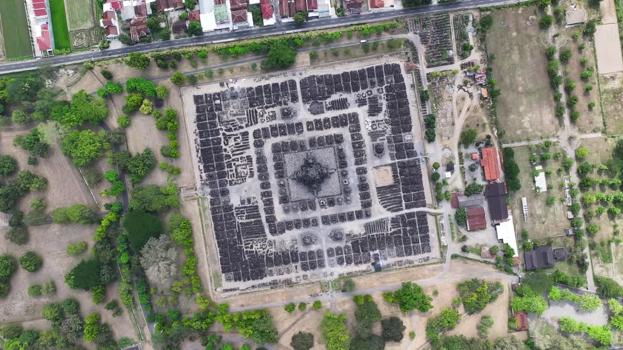 Pattern of mandala in construction ancient Hindu Sewu Temple in Indonesia. Aerial high rise