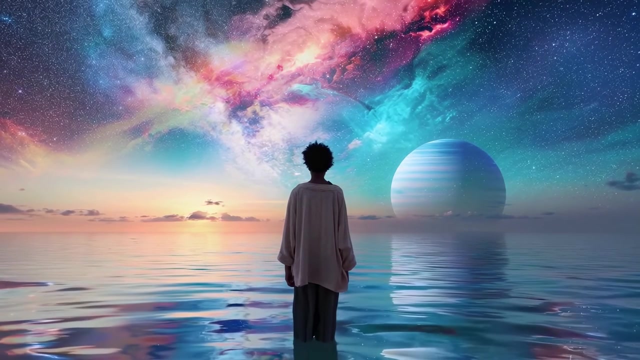 Figure Standing in Water Gazing at Colorful Cosmic Sky and Distant Planet
