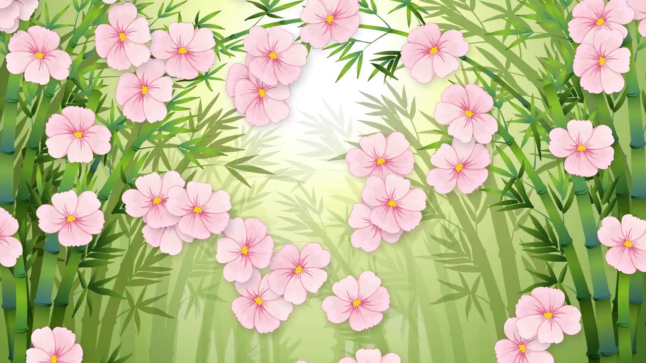 Pink flowers drift slowly downward against a bright green bamboo forest background graphic.