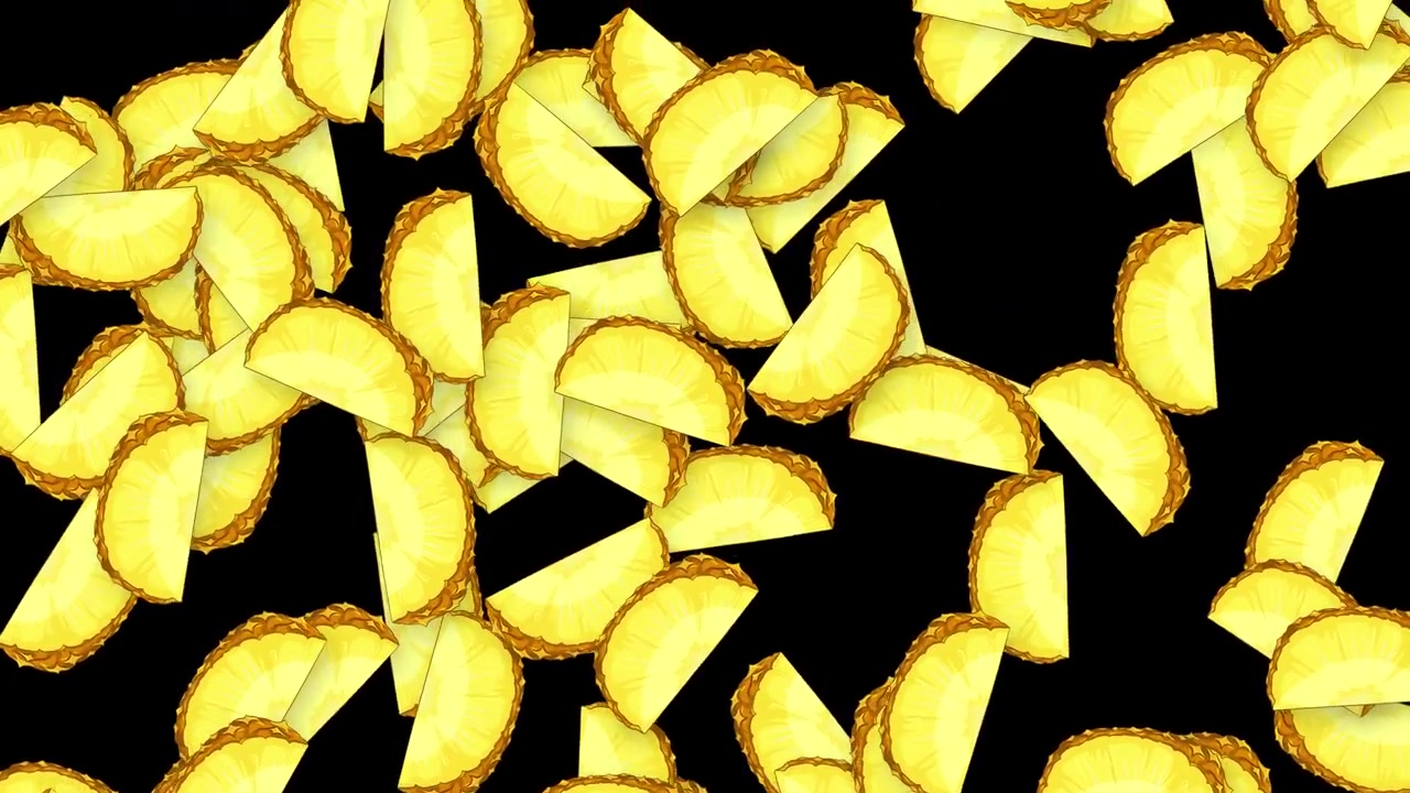 Fette di ananas gialle cadono verticalmente su uno sfondo nero in un'animazione in loop continuo.