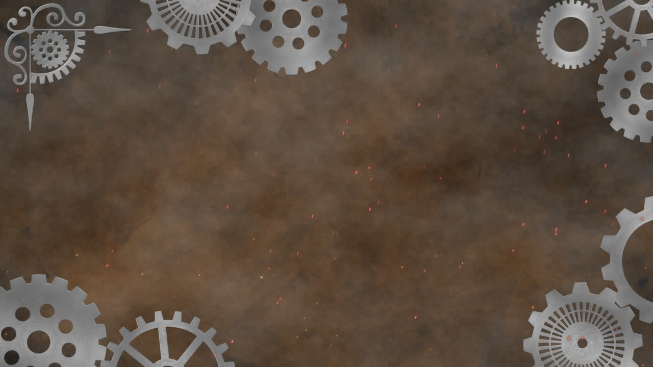 Animated white frame of spinning cogs with smoke on brown backdrop in a hypnotic loop.