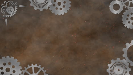 animated white frame of spinning cogs with smoke on brown backdrop in a hypnotic loop.