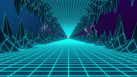 digital animation of futuristic tunnel with glowing grid and geometric shapes