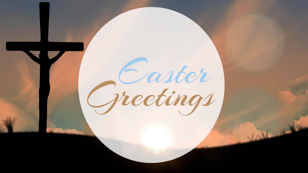 Animation of easter greetings text over cross