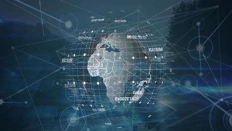 animation of network of connections, light trails and spinning globe against landscape with sea