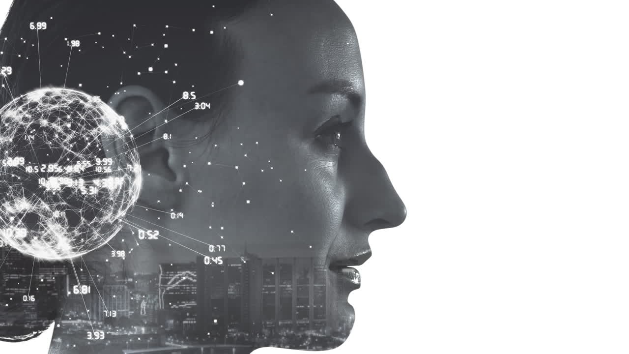 Animation of globe with network of connections over woman face