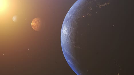 animated solar system planet earth and bright light from the sun in space