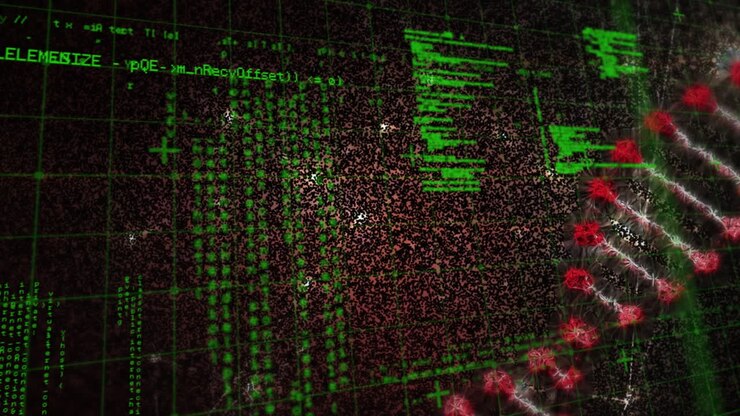 Animatie van gegevensverwerking over ronddraaiende 3D DNA-streng
