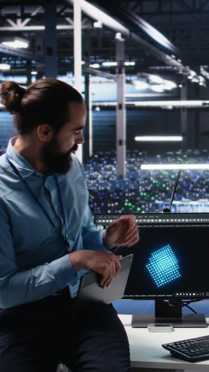 Vertical video Data center engineering team collaborating on neural network development