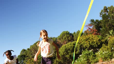 Gruppe-Von-Kindern,-Die-Mit-Drachen-Im-Park-Laufen