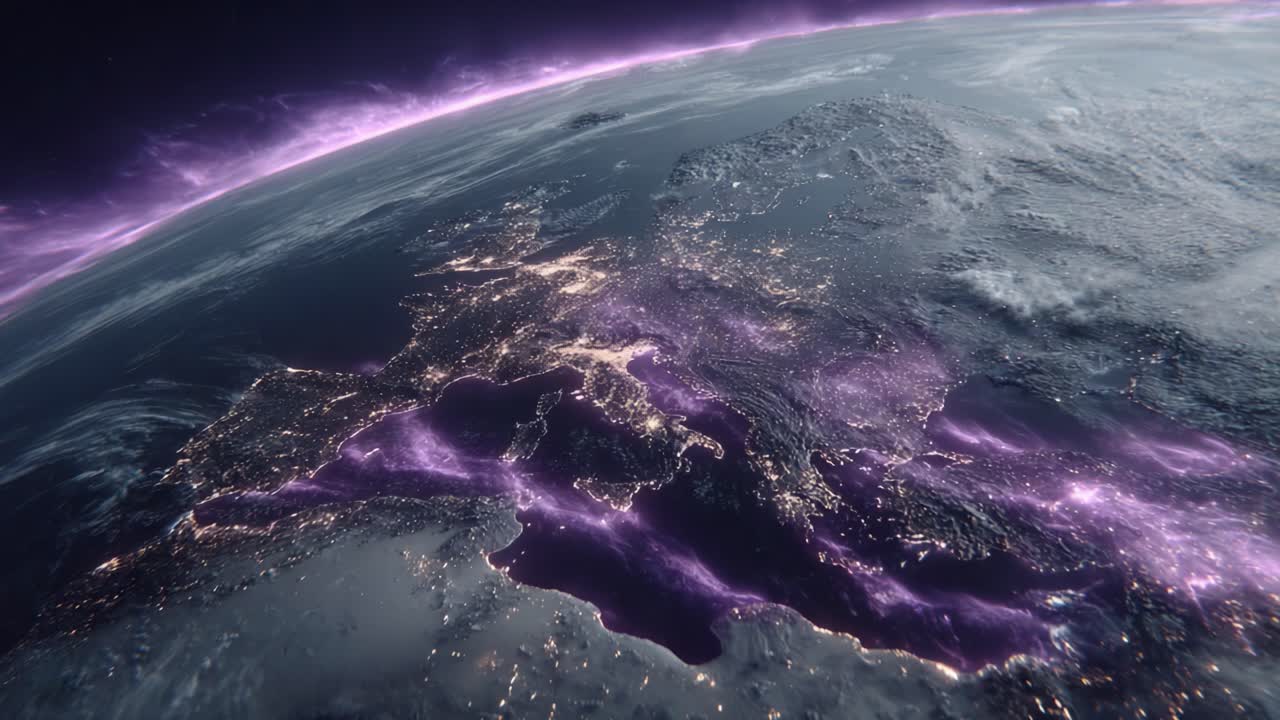 Stunning Aerial View of Earth at Night with Vibrant Purple Aurora Lighting Up European Landscape and Urban Areas, Capturing the Beauty of Our Planet from Space