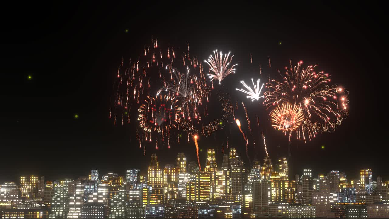 explosiones de fuegos artificiales sobre la ciudad por la noche sobre un fondo negro con estrellas brillantes, animación 3d, fuegos artificiales animados, cámara still