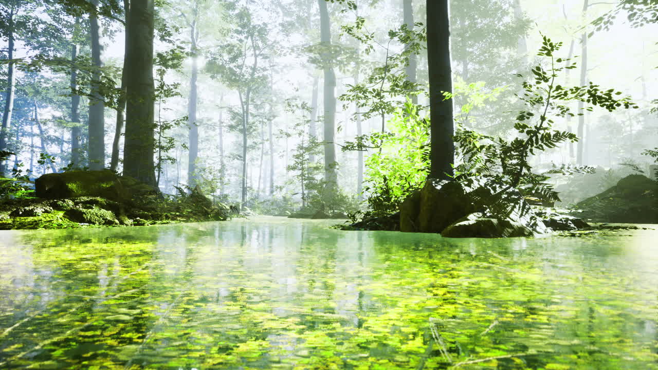 Lush forest and water reflect vibrant greenery in morning light