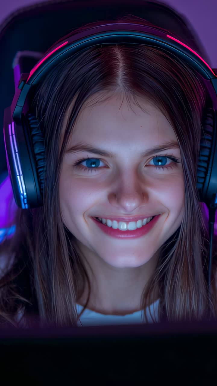 Video verticale: un gamer sorridente prima chiude lo sguardo e poi lo concentra dopo un avviso sul PC da gaming e le cuffie RGB