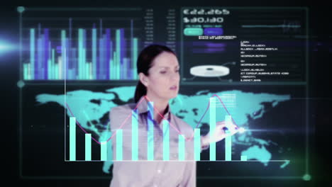 mujer de negocios feliz dibujando gráfico holográfico