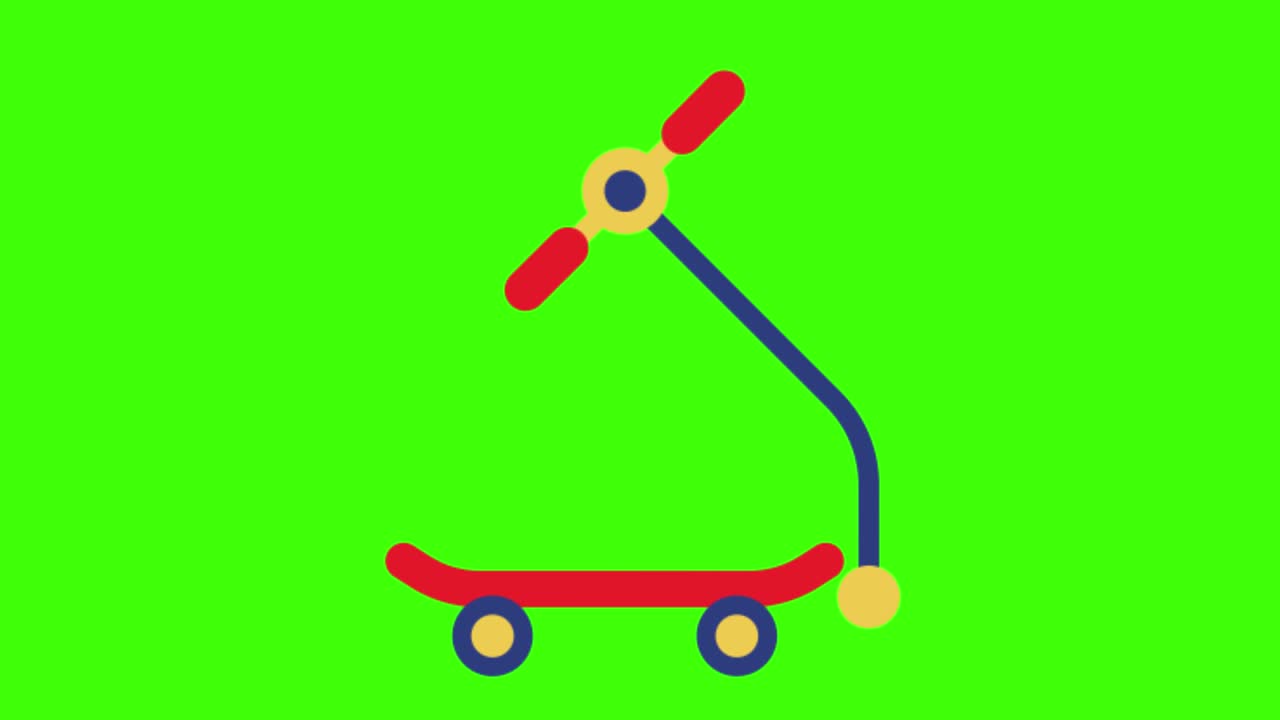 초록색 화면에 다채로운 스쿠터의 2d 애니메이션 일러스트레이션