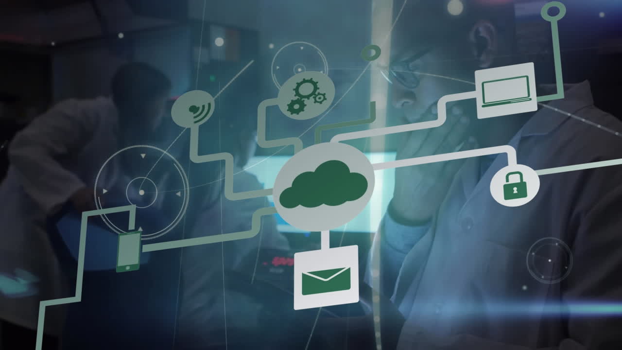 animación de la red de conexiones con iconos sobre el hombre afroamericano trabajando