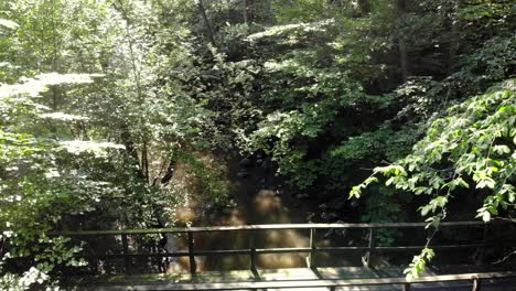 Empty-bridge-over-small-creek-midst-green-forest-on-sunny-day,-rising-drone-shot