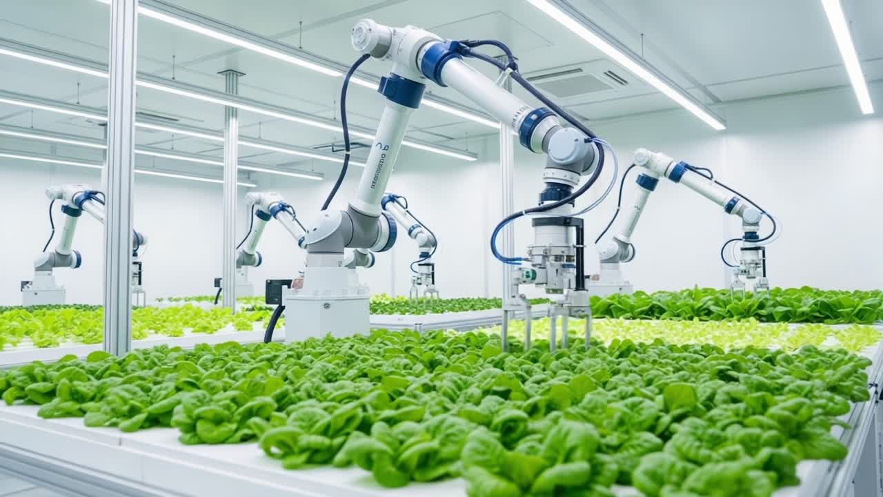 Innovative Agricultural Robotics in Action: Automated Systems Tending to Lush Green Lettuce Crops in a High-Tech Indoor Farm Environment