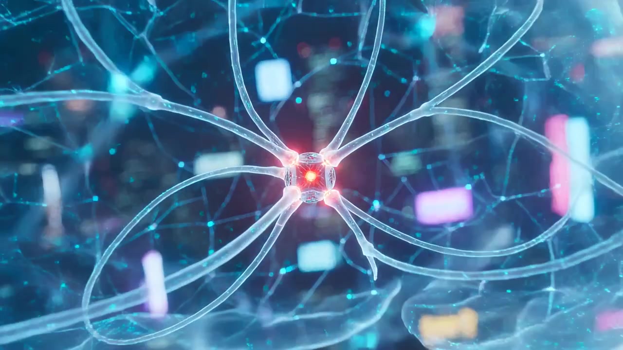 Telecamera che zooma verso un cervello olografico sopra una città al neon, mostrando filamenti che convergono in un nucleo cubico.