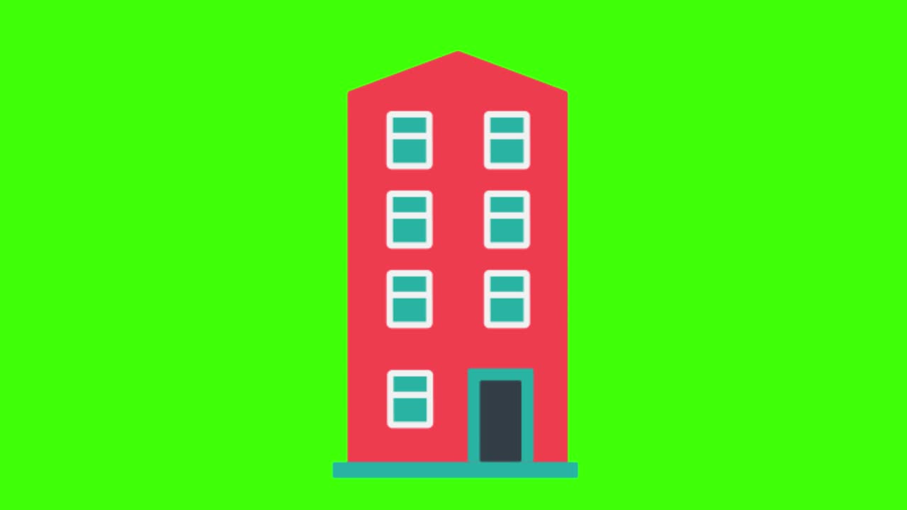 Icona di condominio rosso che appare sullo schermo verde. Il concetto di proprietà e immobiliare