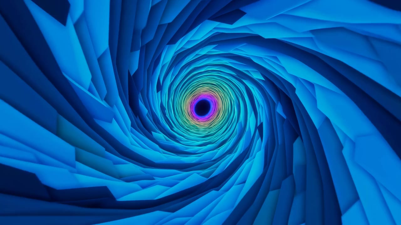 Tunnel vortice astratto al neon rotante, geometria a nastro a strati che spira verso un centro luminoso, caleidoscopico