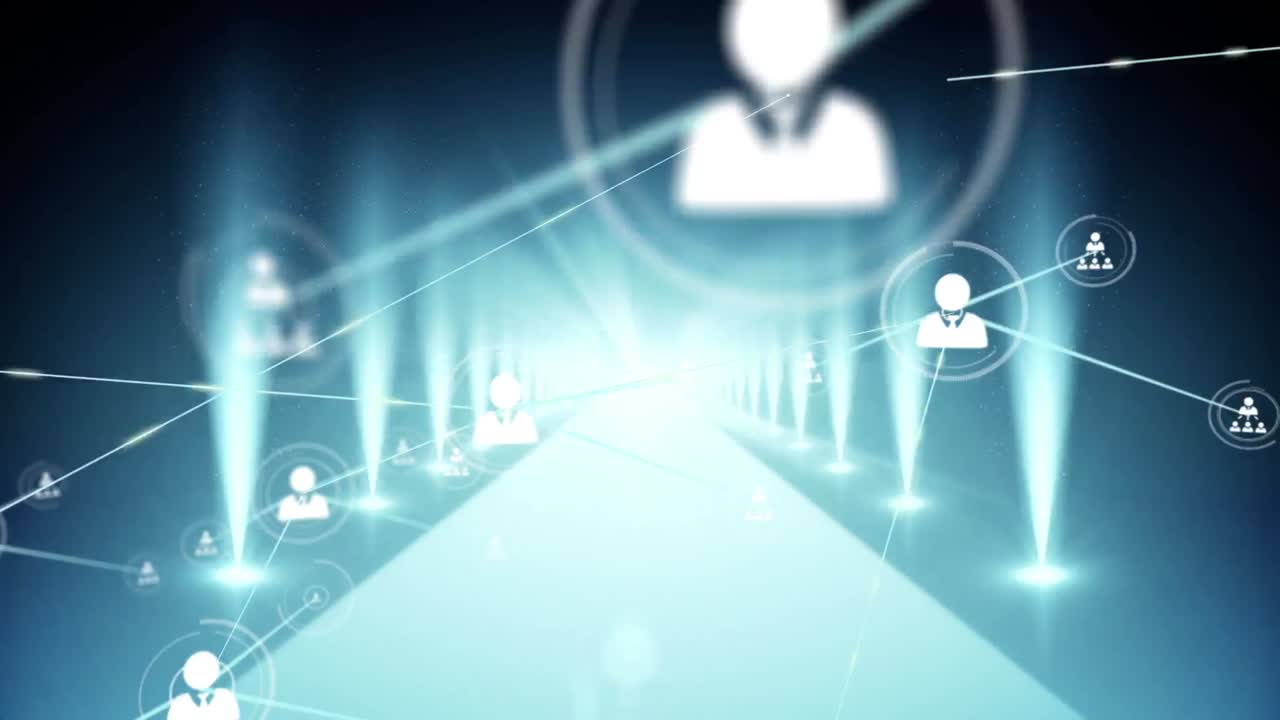 Animation of profile icons connecting with lines moving over diminishing pathway amidst lights
