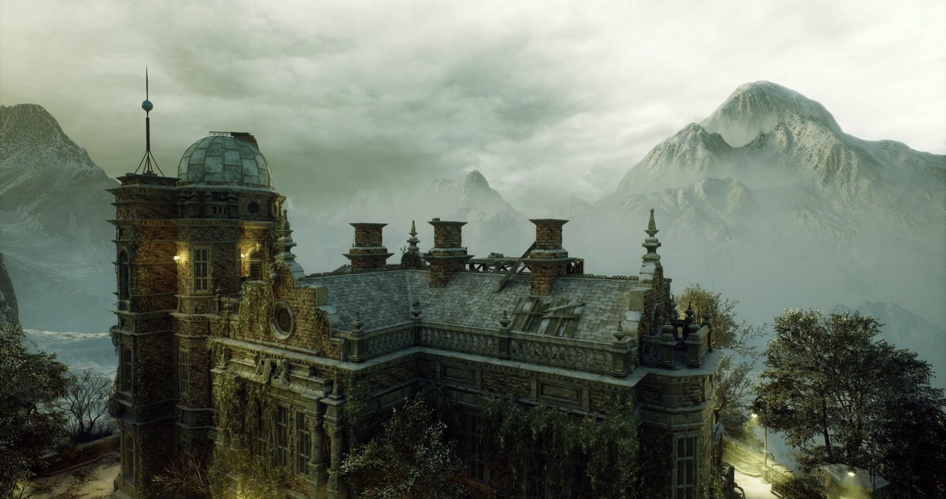 Frosted castlelike house with icy turrets beneath early morning winter sky