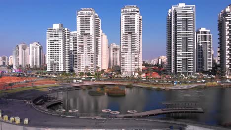 panoramic view of a modern city with skyscrapers and urban lake park