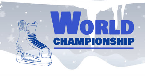 animation of world championship text in blue over illustration of ice hockey skate and snow falling