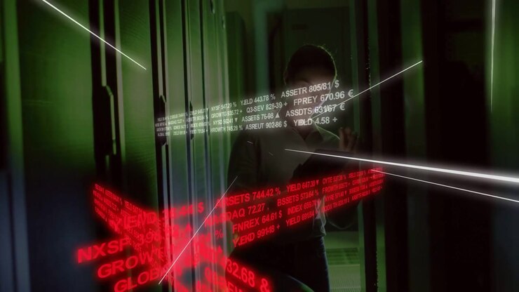 Female technician tapping tablet in green-lit server aisle, making animated data bands show metrics