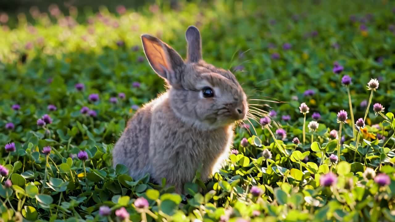Ein beschauliches Video eines Kaninchens inmitten blühender Kleeblüten, das die Ruhe der Natur einfängt