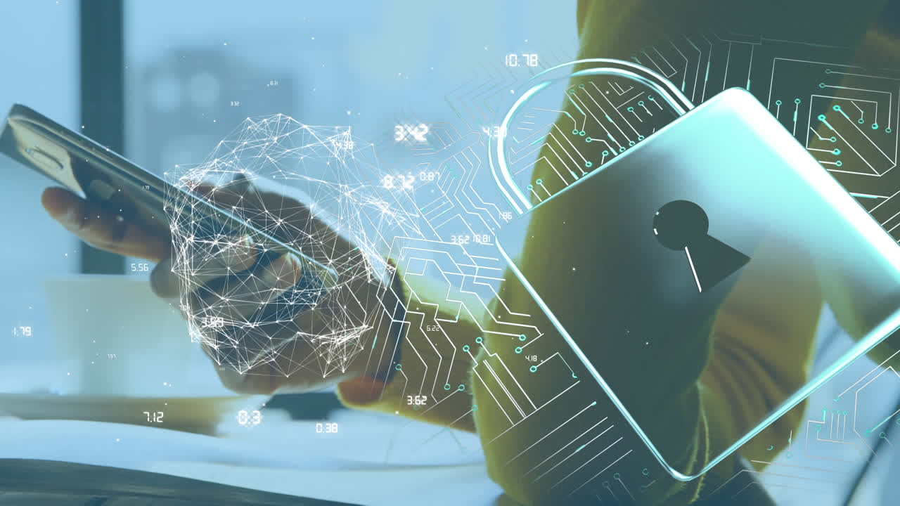 animación de la red de conexiones y el icono del candado sobre la mujer usando el teléfono inteligente