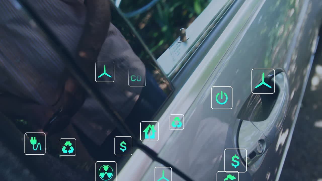 에너지 및 생태학 아이콘의 애니메이션 카우카시안 남자가 자동차 문을 열고