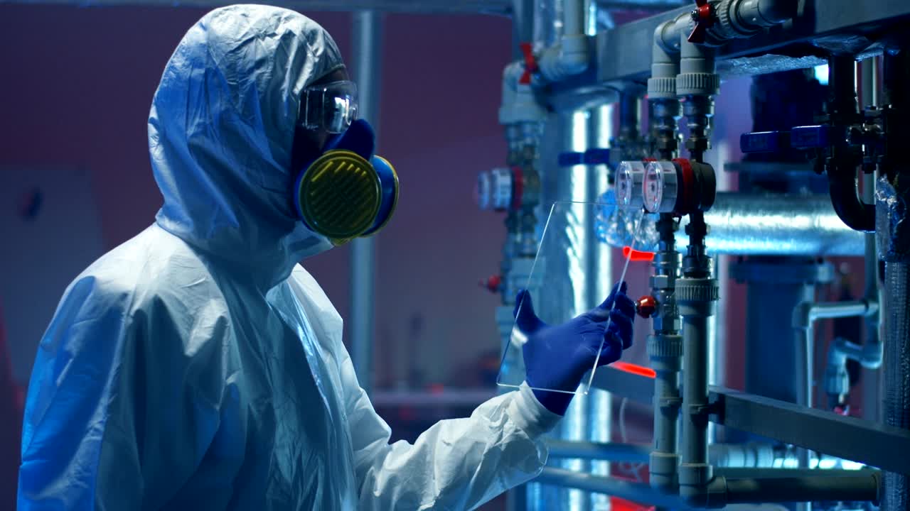 위험복을 입은 과학자가 측정기를 확인하고 있습니다.