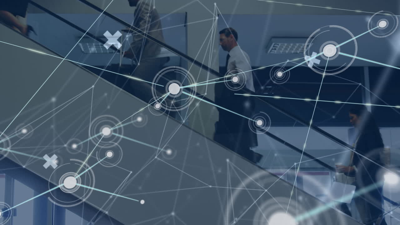 Animation of network of connections over diverse business people with suitcases