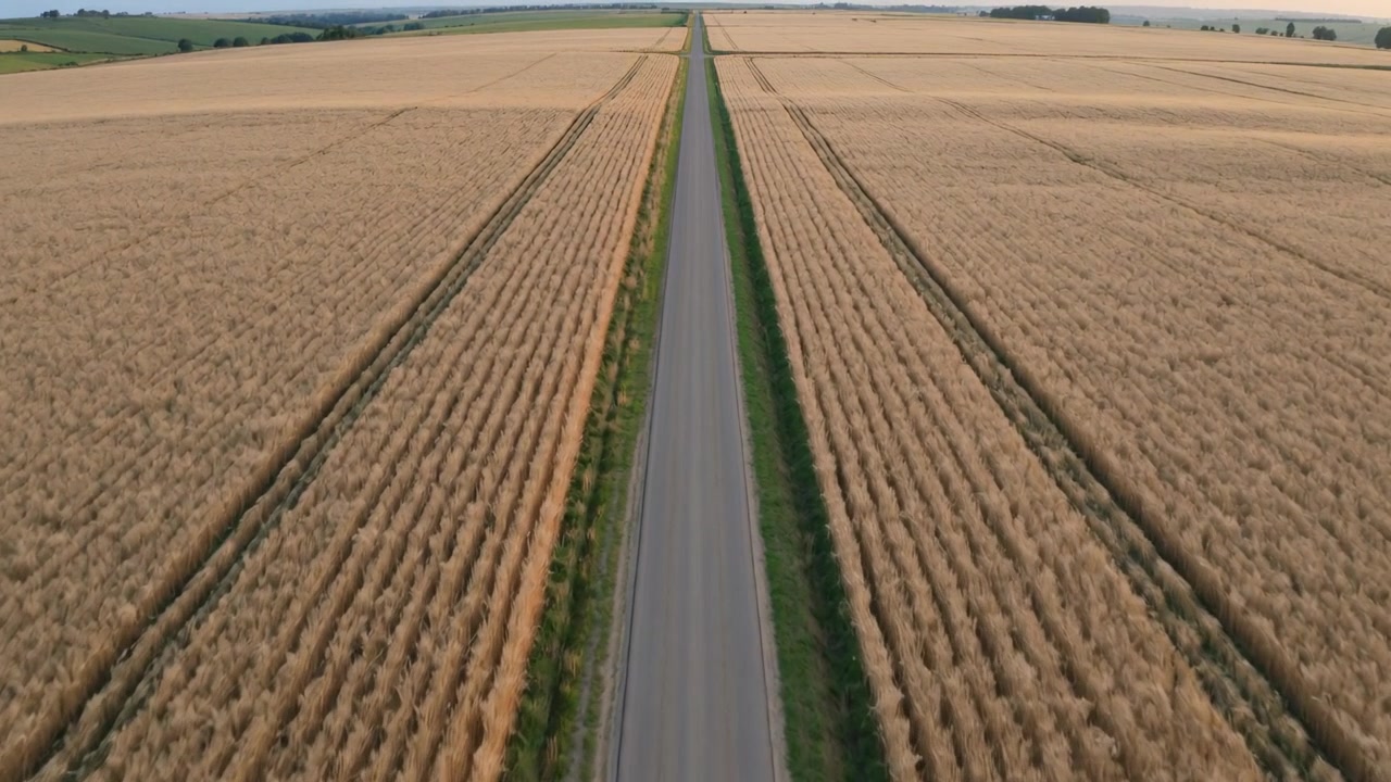 Lanzando un dron que captura una carretera rural recta centrada mientras avanza sobre campos de grano dorado.
