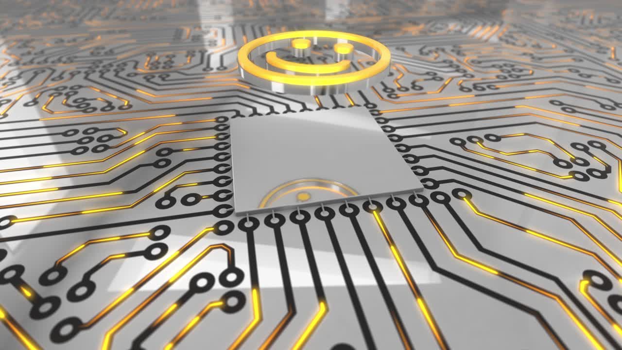 el concepto de la placa de circuitos giratorios de computadora de color naranja brillante es un bucle sonriente 4k