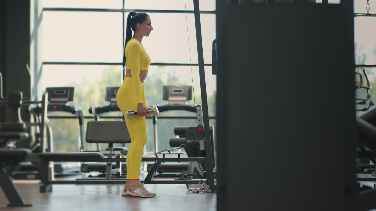 Young muscular hispanic woman doing Lunges exercise with dumbbells in the gym In yellow sportswear. Female athlete exercising with dumbbells in a lunge position at gym.